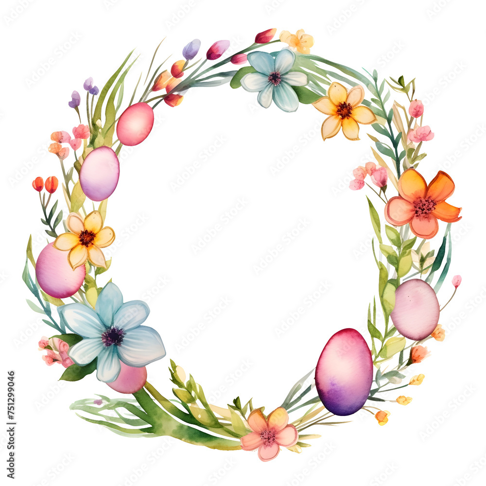 Watercolor Easter wreath frame with spring flowers and eggspng clipart for religion holiday tradition illustration design