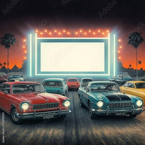 Retro drive-in cinema with vintage cars