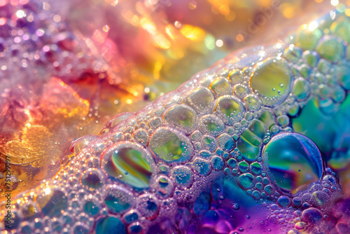 Close up view of water bubbles on a vibrant, colorful surface, creating a mesmerizing visual effect