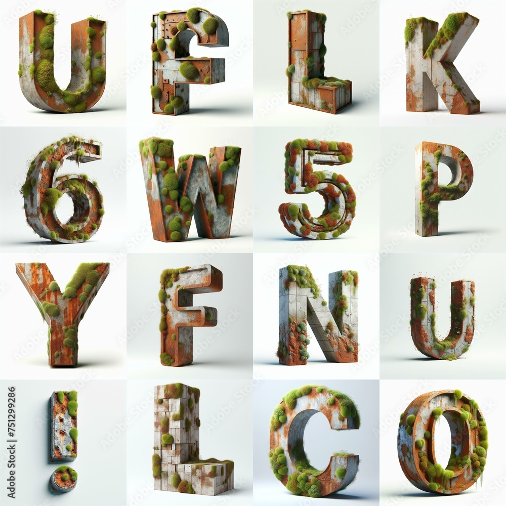 Naklejka premium 3D Lettering Typeface That Blends Rusty concrete With Moss. AI generated illustration