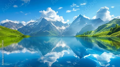 Majestic mountain peaks reflecting in crystal-clear alpine lake with a vibrant blue sky overhead.