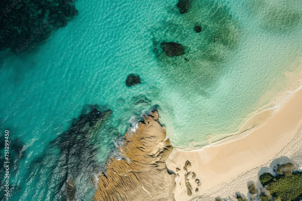 Aerial perspective of a stretch of beach meeting the ocean with soft waves breaking on the shore