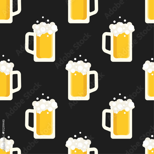 Beer mugs vector seamless pattern. Stylized elements on black background. Best for textile, wallpapers, wrapping paper, package and bar decoration.