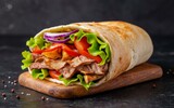 Shawarma. Doner kebab, fresh vegetables and meat. Kebab sandwich close up