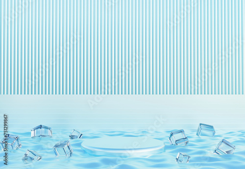 Blue cylinder podium with cystal ice cubes. Stand to show products. Stage showcase with copy space. Pedestal in futuristic concept. Water Surface with ice cubes . Fresh Concept. 3D rendering.