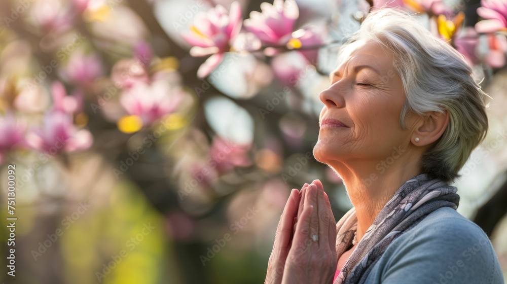 Senior woman in lotus pose sitting under tree. Concept of calm and meditation. Senior woman in lotus pose sitting under tree. Concept of calm and meditation.