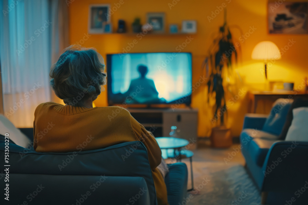 Senior woman watching television series, sitting comfortably in her living room chair. Joy of leisurely entertainment and relaxation in retirement Senior woman watching television series, sitting comfortably in her living room chair. Joy of leisurely entertainment and relaxation in retirement