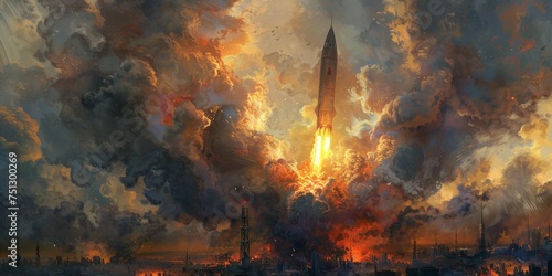 Rocket takes off into the sky above the city in oil paint style