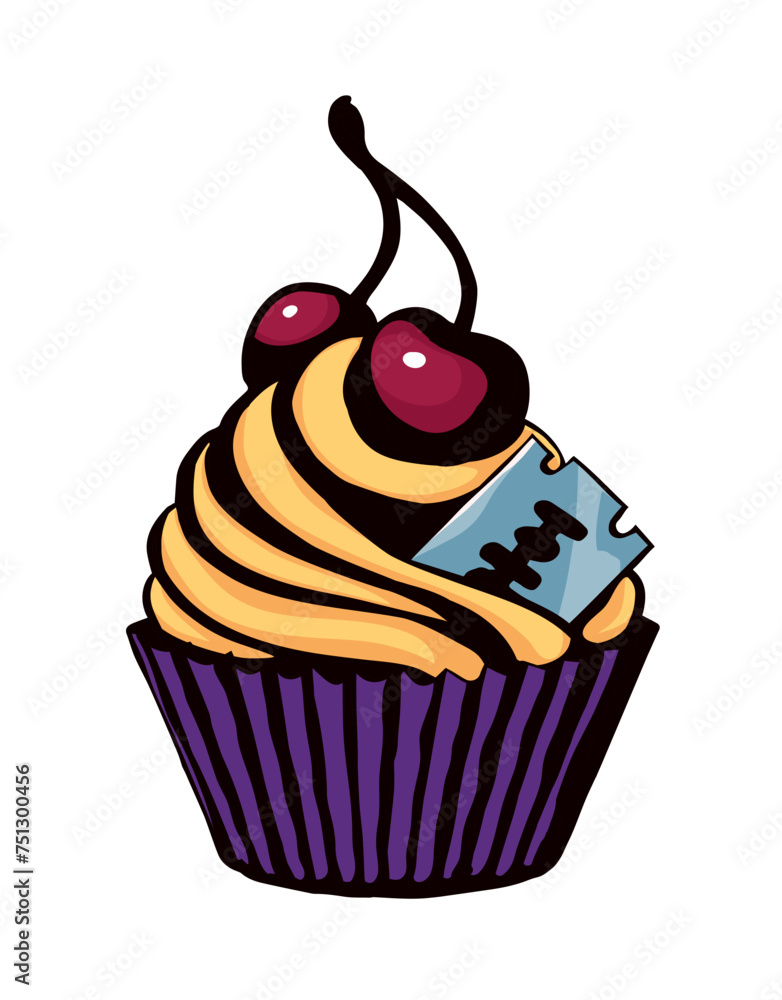 Vector drawing. Cake with cherries and razor blade Vector drawing. Cake with cherries and razor blade