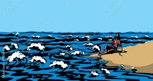 Vector drawing. A man on the shore after a shipwreck