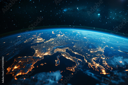 Space view on Europe continent with city lights at night time. Global networking and futuristic technology development