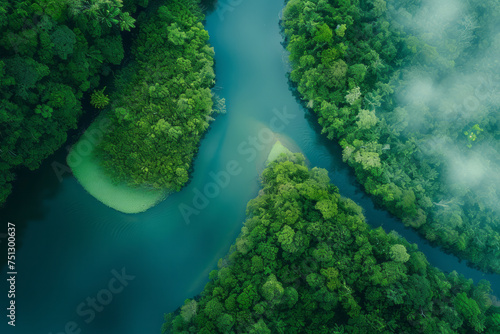 A river flows through a dense green forest, surrounded by tall trees and vibrant foliage © koala studio