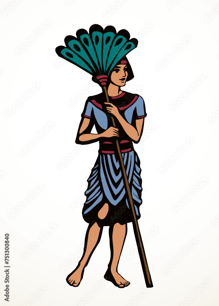 Obraz premium Vector drawing. Egyptian servant with a fan