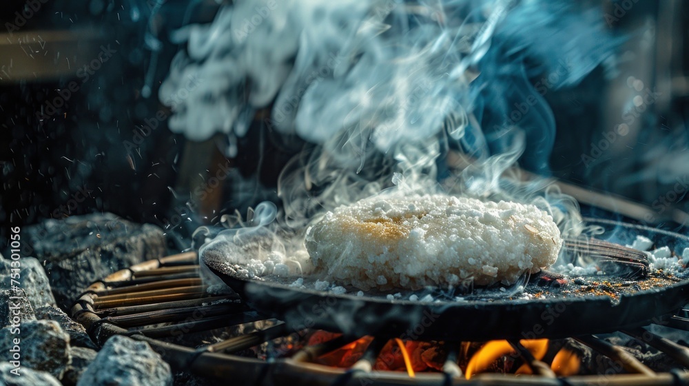Bake mochi rice cakes on a charcoal grill. Moji expanded with smoke studio light Bake mochi rice cakes on a charcoal grill. Moji expanded with smoke studio light