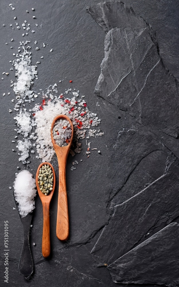 Variety of salt and seasoning in wooden spoons and ceramic bowls over black texture background