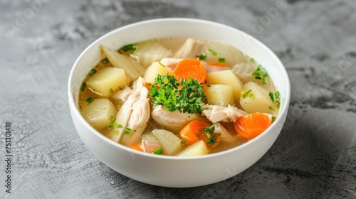 Clear chicken soup with potatoes, carrots and onions in a white bowl Asian style food