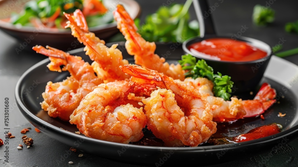 Delicious shrimp in tempura with red sauce on black background. Studio lights Delicious shrimp in tempura with red sauce on black background. Studio lights