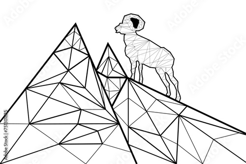 Powerful mountain ram in mountain low poly design, animal abstract geometric art, ibex wireframe mesh polygonal vector illustration made from lines. Vector graphics.