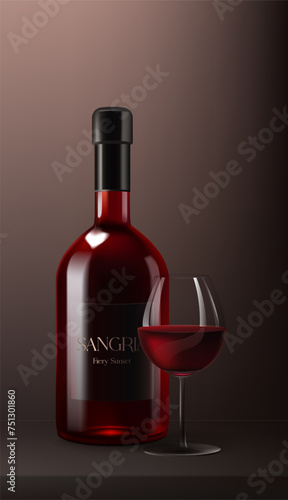 A realistic 3D wine bottle of sangria, mockup with a glass of wine. This fruity cocktail features red fluid, on smooth background, perfect for celebrations and parties. Not AI.