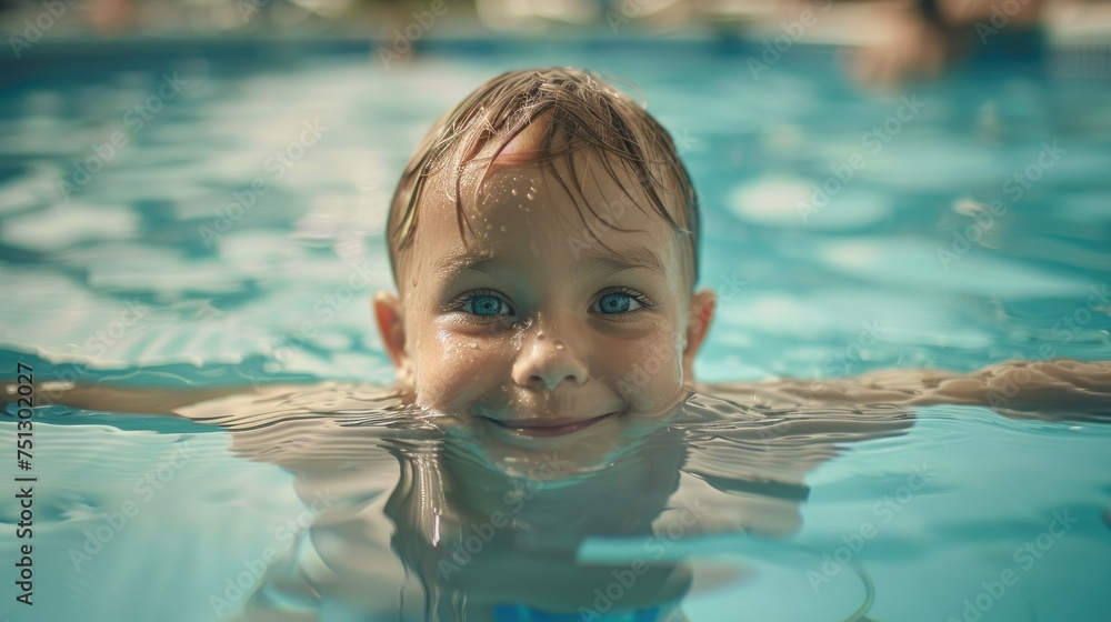Cute kid swims and dives underwater in the pool. Active healthy lifestyle, water sports and swimming lessons on summer holidays