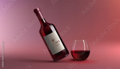 A realistic 3D wine bottle of sangria, mockup with a glass of wine. This fruity cocktail features red fluid, on smooth background, perfect for celebrations and parties. Not AI.