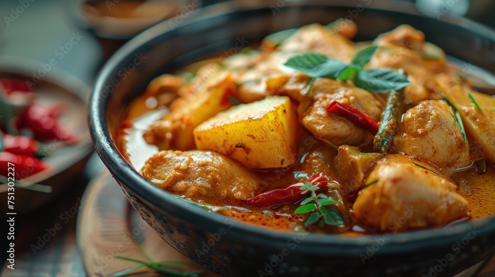 Massaman Curry with Chicken and Potatoes Rich, elegant, mellow, sweet flavor. Massaman Curry with Chicken and Potatoes Rich, elegant, mellow, sweet flavor.