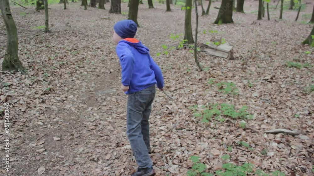 the boy is playing in the forest, a child plays with a stick in the spring in the forest the boy is playing in the forest, a child plays with a stick in the spring in the forest