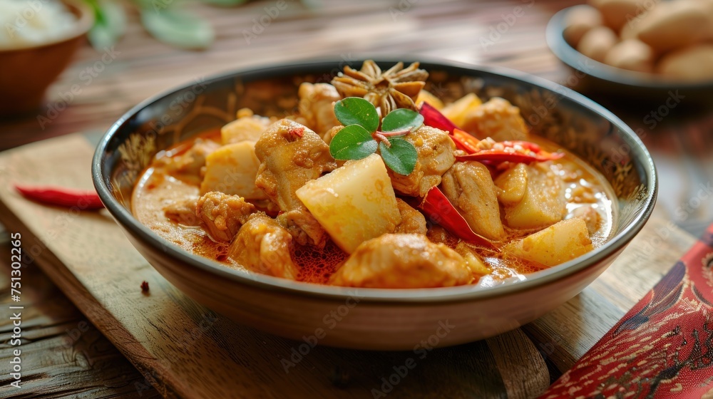 Massaman Curry with Chicken and Potatoes Rich, elegant, mellow, sweet flavor. Massaman Curry with Chicken and Potatoes Rich, elegant, mellow, sweet flavor.