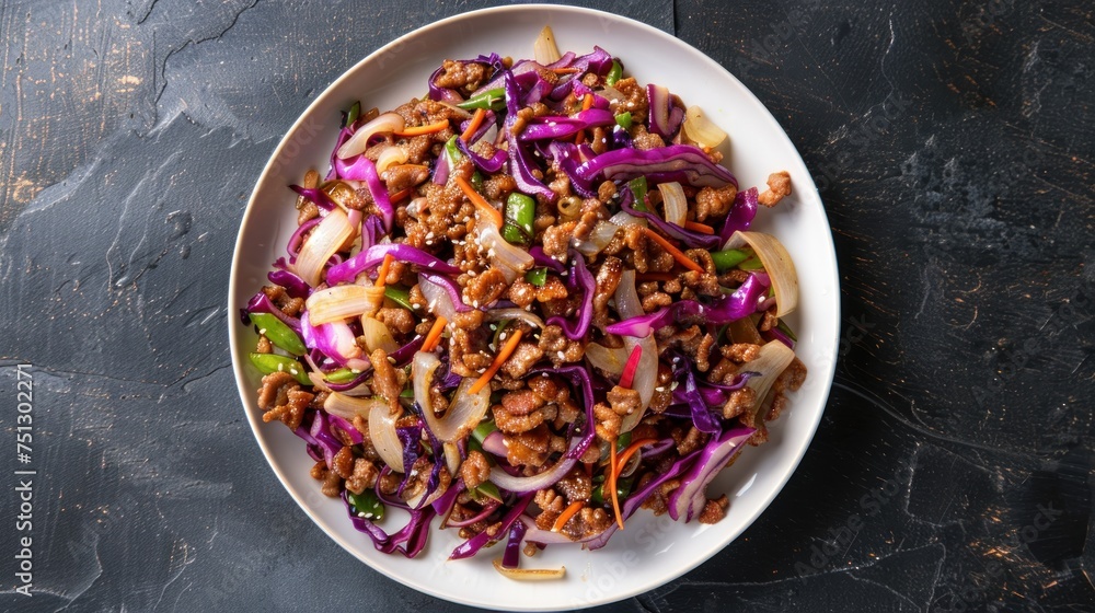 Minced pork, red cabbage and green cabbage stir-fried with fish sauce in a plate Minced pork, red cabbage and green cabbage stir-fried with fish sauce in a plate