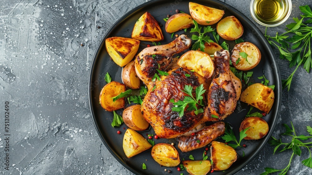 Grilled chicken with potatoes on a black plate gray background Grilled chicken with potatoes on a black plate gray background