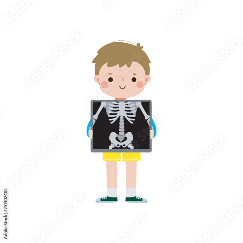 cute cartoon european kid with x-ray screen showing internal organs and skeleton. x ray check bones child, Element of infographics for kid Vector illustration isolated on white background