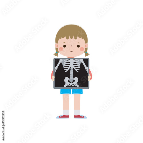 cute cartoon european kid with x-ray screen showing internal organs and skeleton. x ray check bones child, Element of infographics for kid Vector illustration isolated on white background