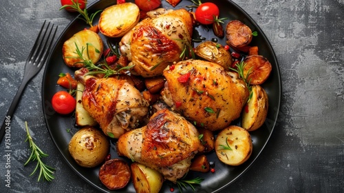 Grilled chicken with potatoes on a black plate gray background