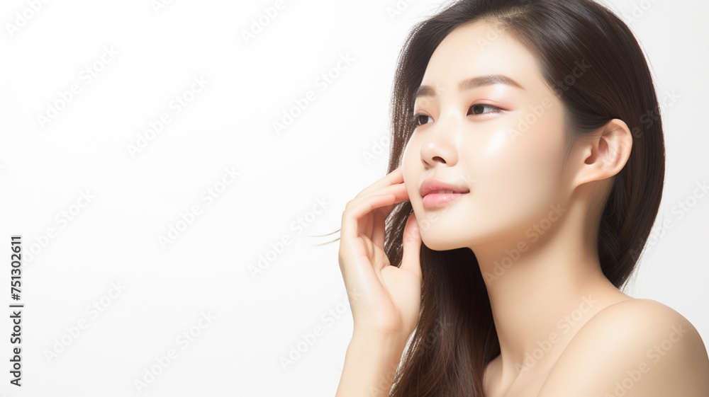 Beautiful asian girl model touching fresh glowing hydrated facial skin on whitw background. Beauty face. Skin care concept. Copy Space. Beautiful asian girl model touching fresh glowing hydrated facial skin on whitw background. Beauty face. Skin care concept. Copy Space.