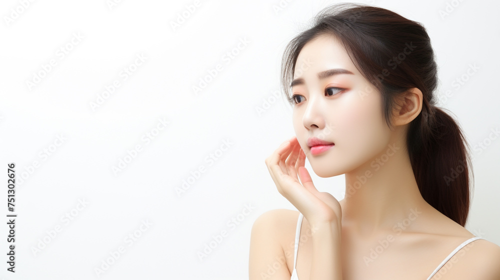 Beautiful asian woman with healthy skin looks at the camera and touches her face with her hands. Cosmetic concept. Beautiful asian woman with healthy skin looks at the camera and touches her face with her hands. Cosmetic concept.
