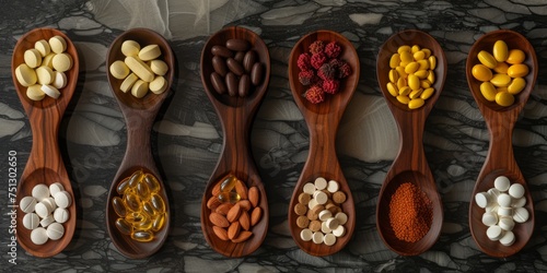 Assorted supplements and vitamins on wooden spoons, health concept, nutrition, dietary aids