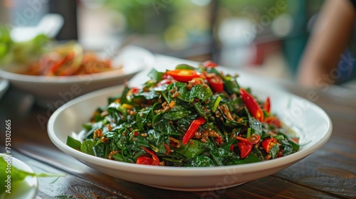 Spicy stir-fried basil or Phut Kra Pao is a street food of Thailand on a white plate on the table.