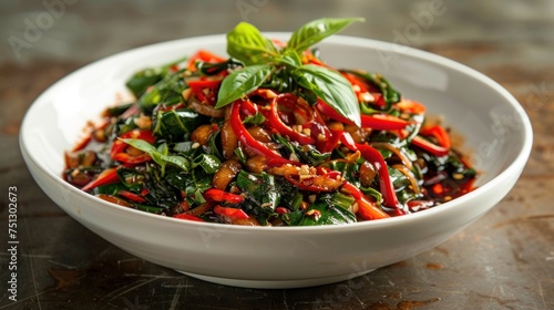 Spicy stir-fried basil or Phut Kra Pao is a street food of Thailand on a white plate on the table.