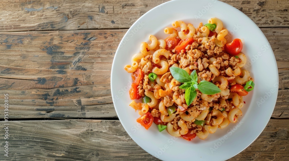 Stir-fried macaroni with tomato sauce and minced pork on a white plate Stir-fried macaroni with tomato sauce and minced pork on a white plate