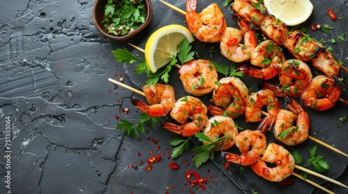 Shrimp skewers with bell peppers and lemon and parsley on a gray stone background.
