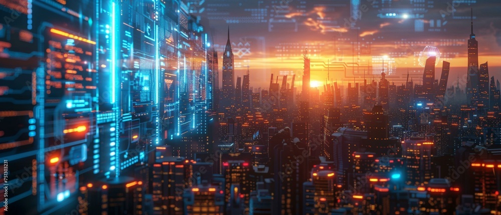 Futuristic cityscape with holographic displays, smart city concept Futuristic cityscape with holographic displays, smart city concept