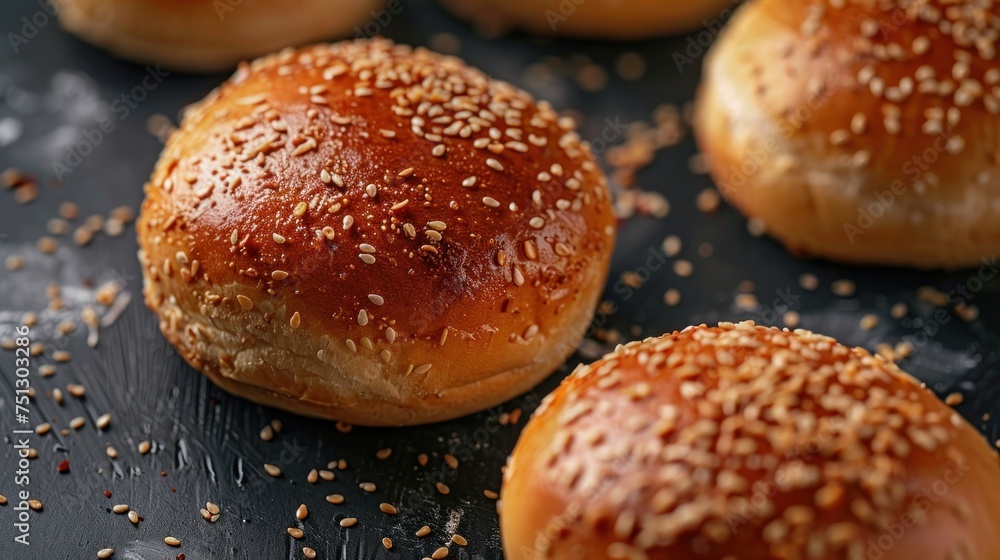 Top view of isolated hamburger buns Freshly baked golden brown Sprinkle with sesame seeds on top. Top view of isolated hamburger buns Freshly baked golden brown Sprinkle with sesame seeds on top.