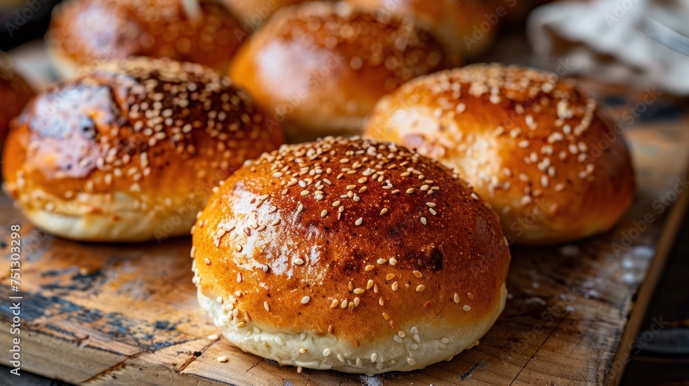 Top view of isolated hamburger buns Freshly baked golden brown Sprinkle with sesame seeds on top. Top view of isolated hamburger buns Freshly baked golden brown Sprinkle with sesame seeds on top.