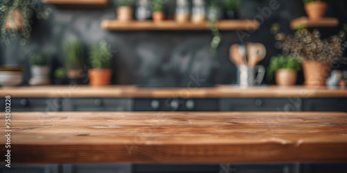 empty   natural  wooden table with a kitchen background  banner design