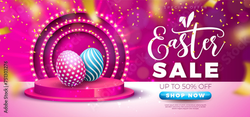 Easter Sale Illustration with Color Painted Egg on Podium, Light Signboard and Falling Confetti on Pink Background. Vector Holiday Celebration Design Template for Coupon, Banner, Voucher or