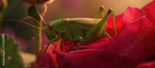 A close-up view of a wingless green grasshopper resting on a bright red rose petal. The grasshopper appears to be feeding on the flower, showcasing its intricate body structure and detailed features. photo