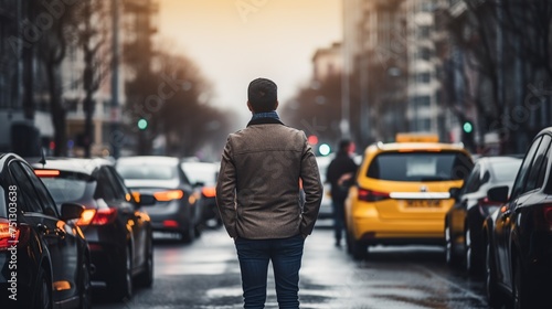 A solitary man stands facing oncoming traffic, symbolizing resolve and the challenge of urban life against a backdrop of city movement and commuting. © logonv