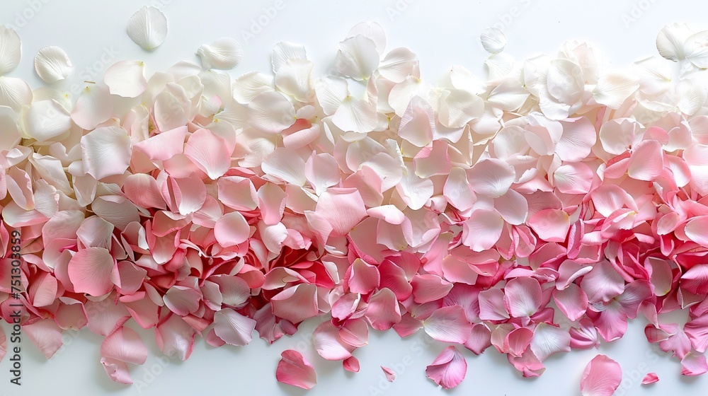 Obraz premium A gradient of pink to white rose petals scattered across a plain background, offering a delicate and romantic touch for design applications, ideal for backgrounds, wedding themes