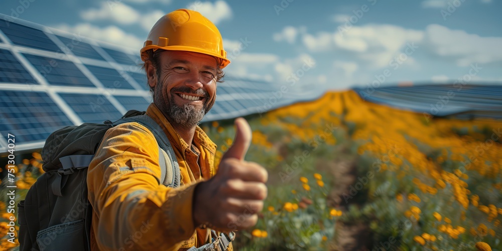 Smart happy Electric Engineer putting thumbs up, look at camera a new solar panel in the field is background Smart happy Electric Engineer putting thumbs up, look at camera a new solar panel in the field is background