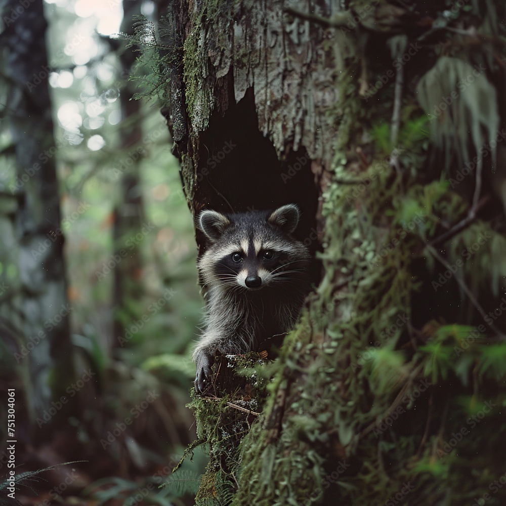 A raccoon perched inside a tree hollow, its gaze alert and curious, set in a lush forest scene, suitable for wildlife themes